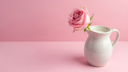 Single pink rose in white vase
