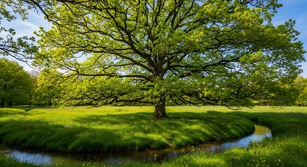 Majestic Oak Tree by a Stream Lush Green Landscape Under Sunny Skies.