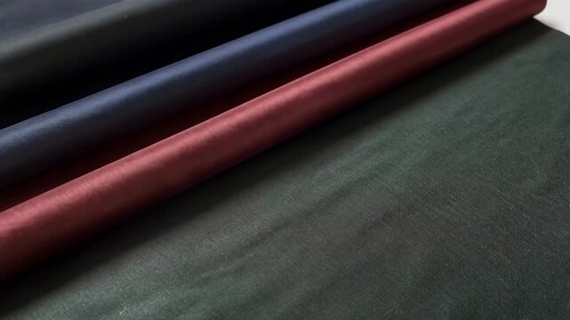 Medium shot of piecedyed cotton textiles treated with caustic for mercerizing emphasizing even dye uptake and luxurious sheen on smooth fabric surfaces.