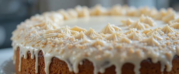 Close shot of a Delicious Cake with White Icing and Crumb Topping