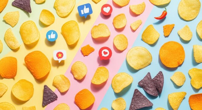Potato chips and social media icons arranged on a colorful background