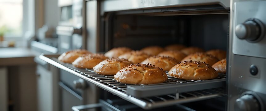 Freshly Baked Golden Buns on a Rack Inside a Modern Kitchen Oven