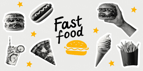 fast food set concept pop art collage hamburger hot dog pizza slice ice cream cone french fries hand holding burger lemonade glass iconic items retro cut-out dotted halftone elements gray background