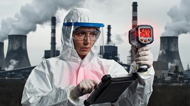 A scientist in protective gear conducts environmental monitoring using a handheld device, with industrial smokestacks emitting pollution in the background, highlighting the importance of air quality a