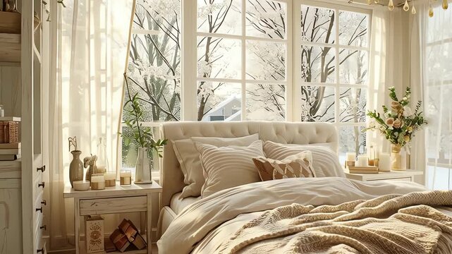 Bright and Cozy Winter Bedroom Interior Holiday Decorations