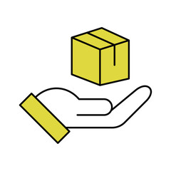 Package protection icon vector illustration. Vector illustration of line art icon of a hand holding a small package or box. Cube in hands glyph icon, arm and cube, hands holding block sign, vector.