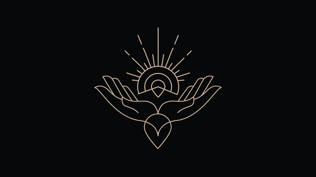 Esoteric logo of sun rising between hands and heart shape, spiritual awakening concept, minimalist line art, vector illustration