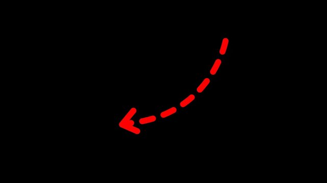 Minimalist red dashed curved arrow animation on black background pointing down and left, perfect for social media highlights, transitions, and modern UI.
