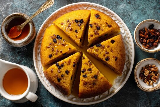 Chhena Poda cake arranged on white plate, drizzled with honey. Concept of traditional Indian dessert, cottage cheese roasted delight, perfect for celebrations and gatherings.