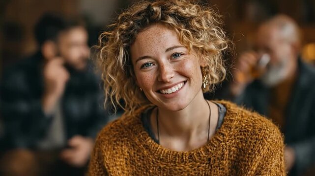Radiant young woman with curly ginger hair beaming with joy in chunky orange sweater, necklace, surrounded by smiling older men in cozy warm-lit indoor setting, capturing genuine laughter and friendsh
