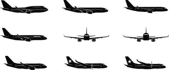 Minimal black airplane silhouette grid vector set for aviation design © Md