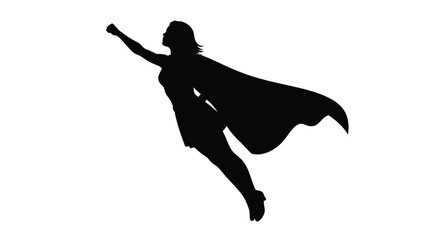 Silhouette of a superheroine in a dynamic flying pose against white © APIM02SN