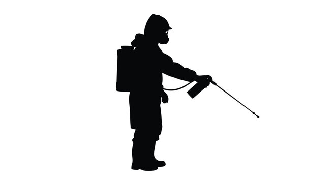Silhouette of a worker spraying with a backpack sprayer