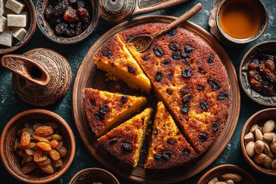 Chhena Poda on rustic wooden platter, topped with nuts and dried fruits. Concept of warm, inviting atmosphere highlighting cottage cheese roasted Indian traditional dessert experience.