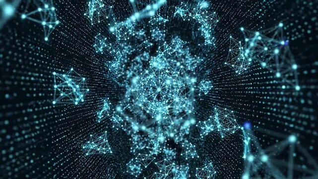 Connected digital nodes and glowing light lines on a dark background provide a versatile graphic for global communications and cloud computing.