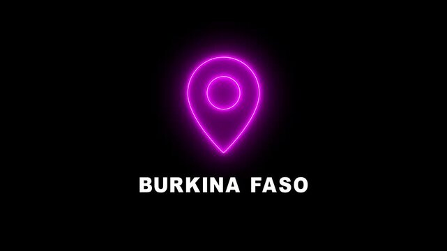 Burkina faso is looping Location Pins over the country, Digital Screen, black background 4K Resolution video. Glowing Burkina faso text up down Location Pins alpha channel Location Pins animation.