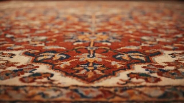 Close-up perspective of a beautiful, detailed, antique oriental carpet with warm red and blue hues
