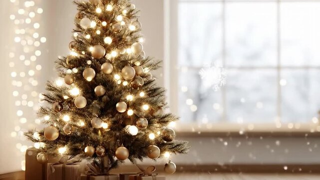 Cozy living room scene with elegantly decorated Christmas tree adorned with warm golden lights and ornaments on wooden floor near frosty window, gifts below, soft bokeh string lights evoking holiday m