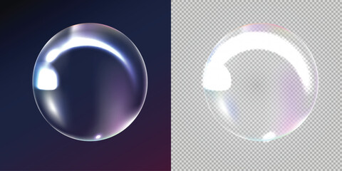 Soap bubble with bright white light streak and colorful chromatic aberration isolated on dark and grid backgrounds