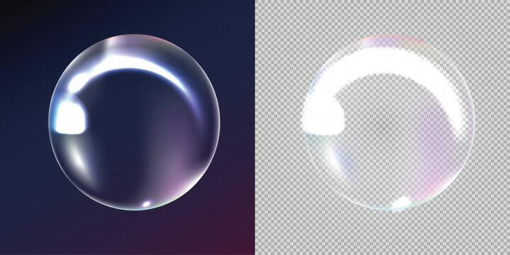Soap bubble with bright white light streak and colorful chromatic aberration isolated on dark and grid backgrounds