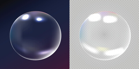 Realistic soap bubble with bright highlights on dark and transparent backgrounds vector graphic