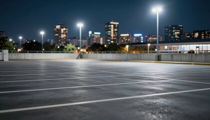 Obraz premium Nighttime urban landscape empty parking lot city skyline modern city wide angle urban serenity
