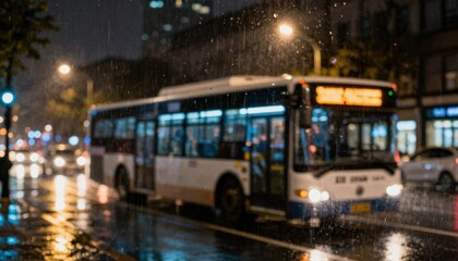 Bus navigating rainy city streets at night urban transport scene vibrant reflections dynamic atmosphere