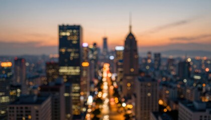 Fototapeta premium Evening cityscape with blurred skyline urban area photography nighttime aerial view urban exploration