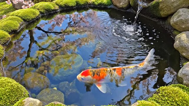 A serene garden pond featuring vibrant koi fish swimming amidst smooth stones and lush moss, with cherry blossom trees reflecting on the water's surface
