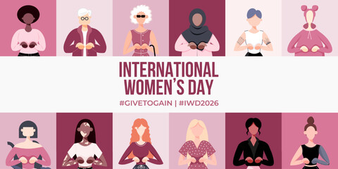 International Women's Day Poster. Give to Gain Campaign. IWD 2026. Vector Illustration.