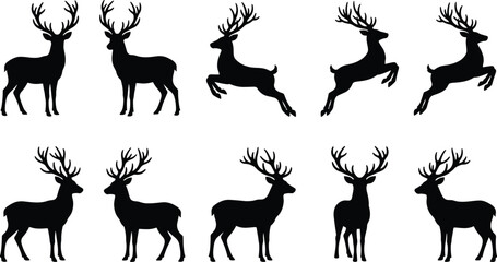 Fototapeta premium Ten black silhouette illustrations of deer with antlers on a white background Keywords: deer, stag, hart, animal, wildlife