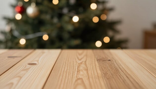 Celebrating christmas with a festive tree and warm wooden table cozy indoor setting soft focus viewpoint