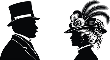 Victorian era man and woman silhouettes, vintage couple profile portraits, classic fashion elegance, retro historical illustration black © Motakabir