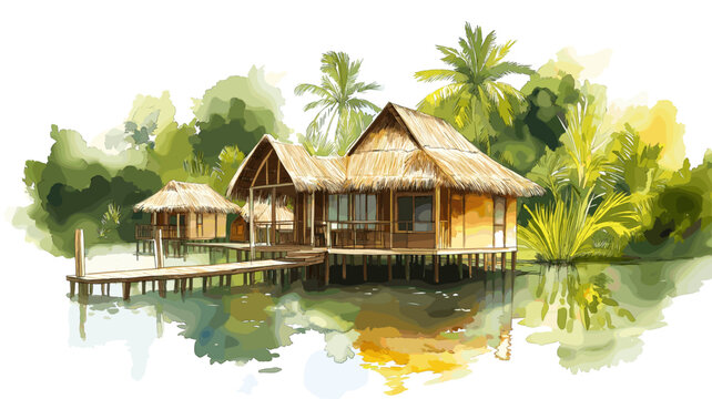 Rewa Eco Lodge. Rewa Eco Lodge hand drawn watercolor illustration