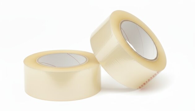 Two rolls of clear adhesive packaging tape isolated on white background for shipping needs
