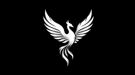 Obraz premium Elegant White Phoenix Bird with Spread Wings, Mythical Firebird Symbol on Solid Black Background