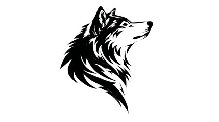 Stylized Black and White Wolf Head Illustration Looking Up, Majestic Wild Animal Graphic for Nature and Wildlife Designs