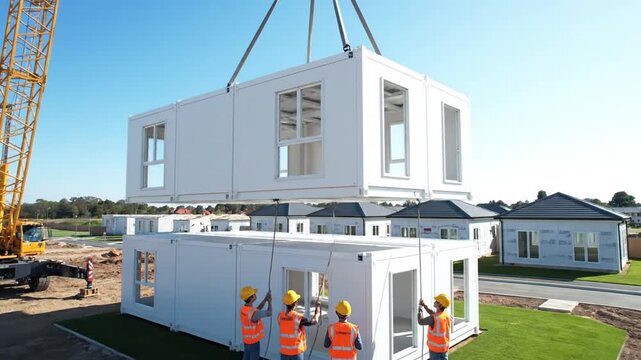 A modern construction site showcasing a crane lifting a modular building unit into place, surrounded by newly built homes under a clear blue sky, indicating rapid development