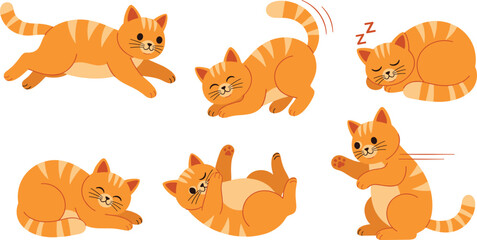 Obraz premium Playful orange tabby cat flat colored vector illustration set