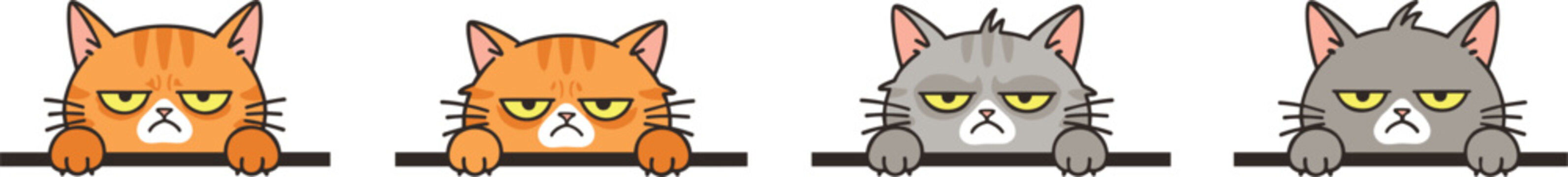 Cute grumpy cat peeking over ledge flat vector illustration set