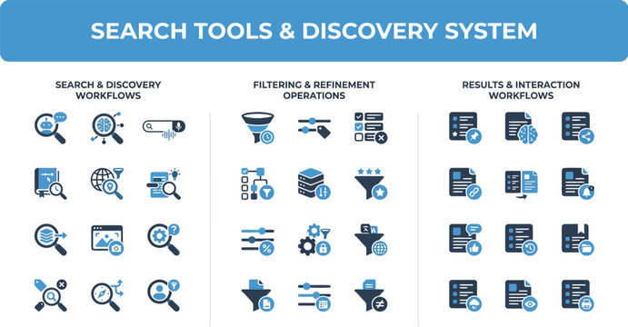 Search Discovery Engine Solid Icons Vector Set &ndash; Filter Query Scoring Results Relevance Interaction Lookup Suggestion Analytics Filled Icon Pack UI Web App