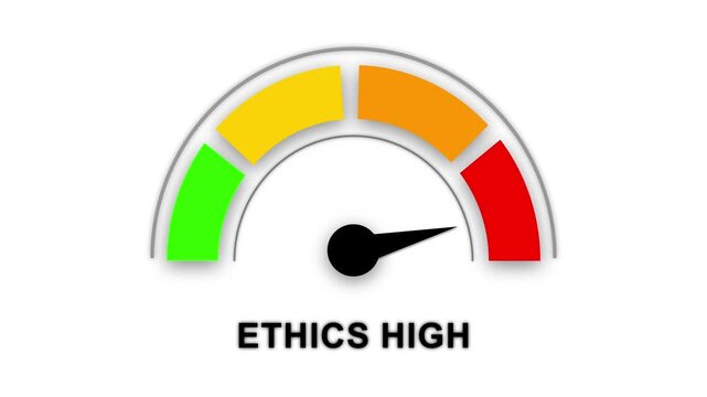 Ethics high, text, word level concept with barometer or tachometer meter on black background.