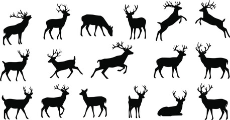 Fototapeta premium Deer silhouette vector set, antler poses, wildlife animal illustration, forest deer graphic, black and white nature design collection