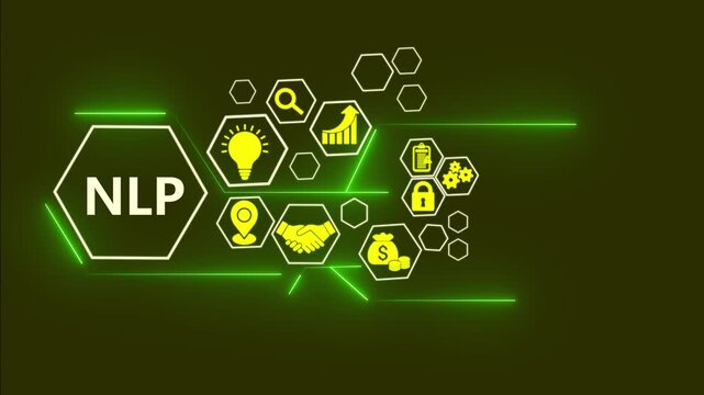 NLP technology concept with digital business icons animation. Natural language processing interface with AI data visualization