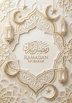 Ramadan Mubarak greeting card with intricate gold design and lanterns