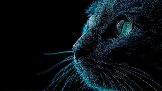Neon cat face on dark background/ cara de gato de ne&oacute;n sobre fondo oscuro 