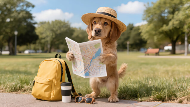 Cute dog in straw hat standing in park reading a map with yellow backpack, coffee cup and sunglasses beside it