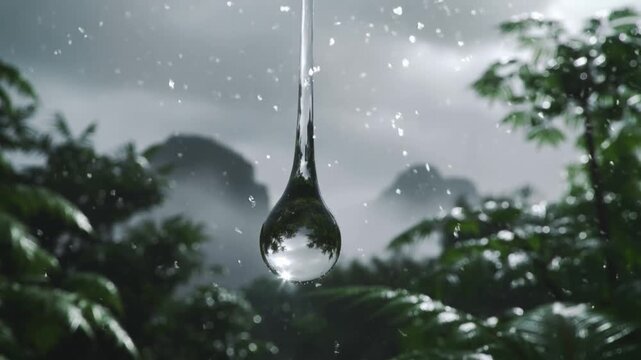 Water Droplet Falling with Rainy Background and Lush Greenery Reflection