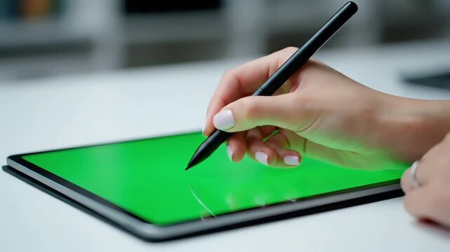 Close-up of a hand holding a stylus and interacting with a green screen on a tablet with a blurred background.