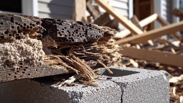 Close-up view of damaged wood and concrete during a renovation project, showcasing structural deterioration and debris scattered in the background, indicating ongoing construction work